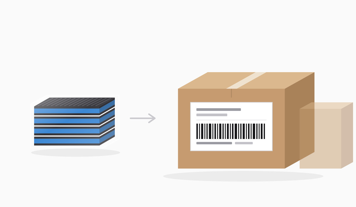 Anti vibration pads shrink wrapped in retail packs and packed into a plain brown carton with a barcode shipping label applied
