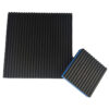 Straight ribbed rubber surface of a blue EVA core anti vibration pad shown next to a tilted smaller pad