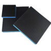 hree blue EVA core anti vibration pads in different square sizes arranged at an angle on a white background