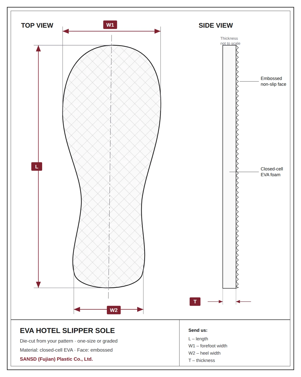 Technical drawing of a die-cut EVA hotel slipper sole showing length, forefoot width, heel width and thickness with an embossed non-slip face