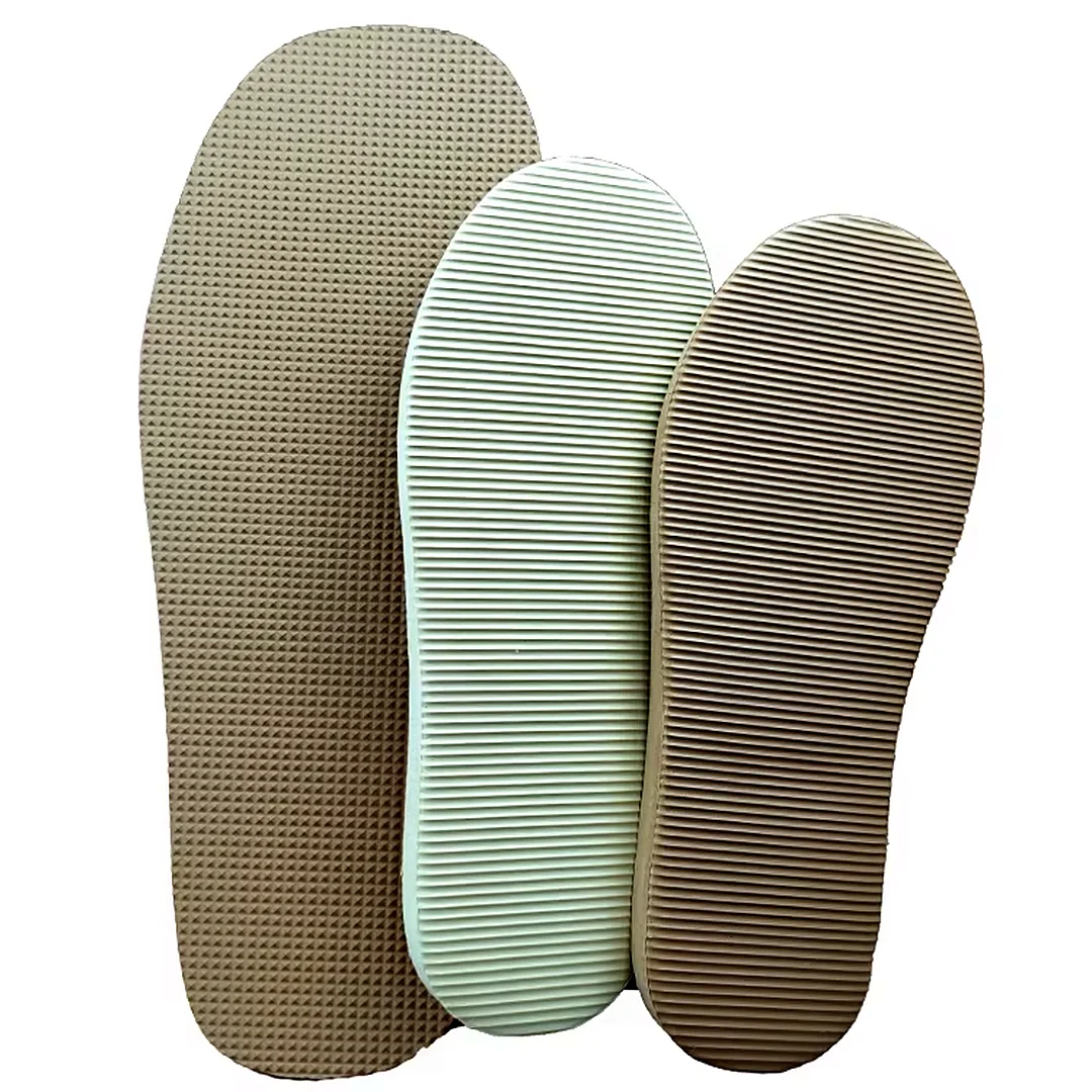 Three die-cut EVA slipper soles in diamond, straight rib and fine rib embossed patterns