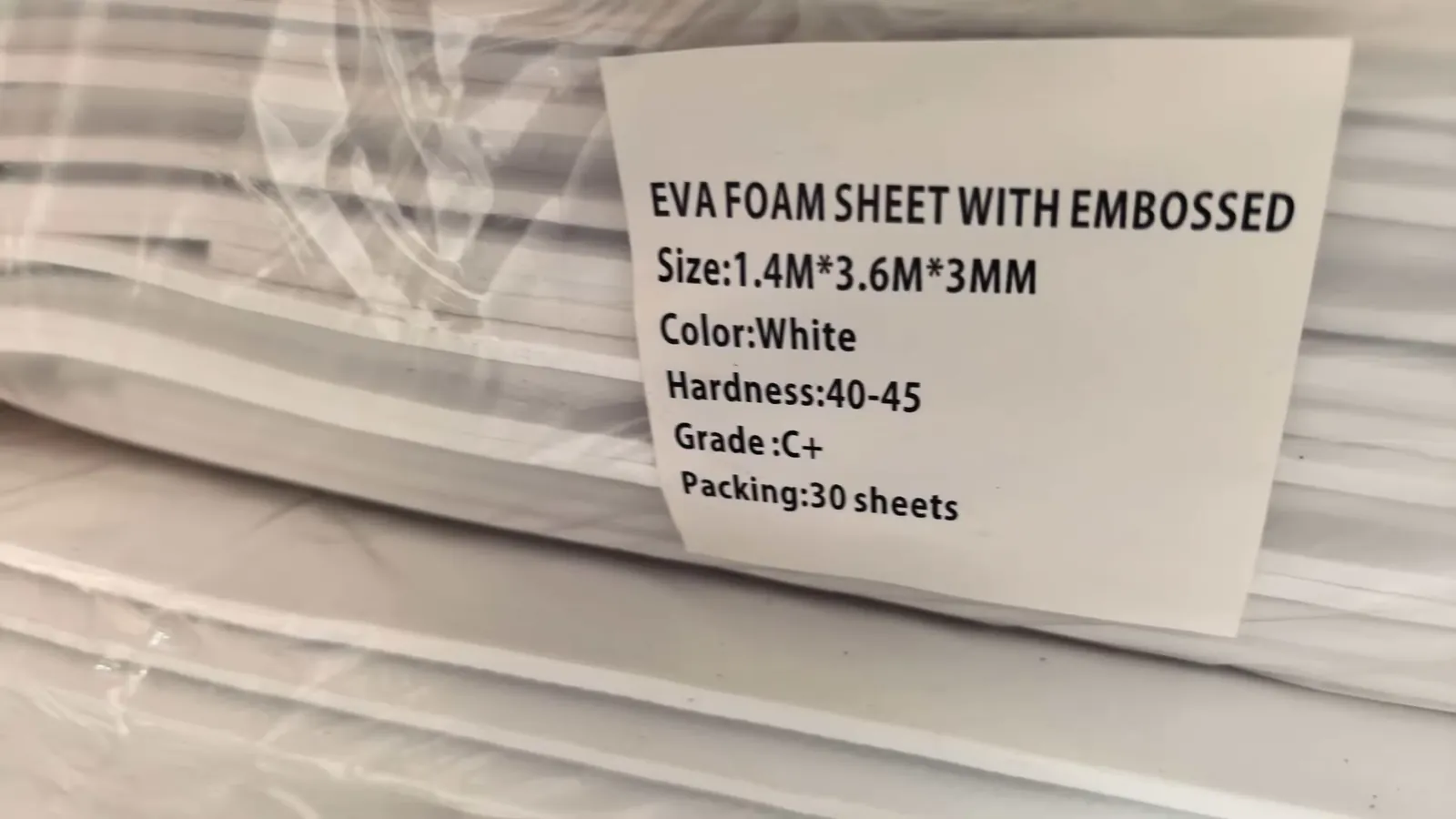 Pack label on white embossed EVA foam sheet: 1.4 m x 3.6 m x 3 mm, hardness 40-45, 30 sheets per pack
