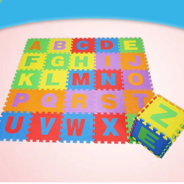 Alphabet EVA puzzle mat with A to Z letter tiles and a foam play cube