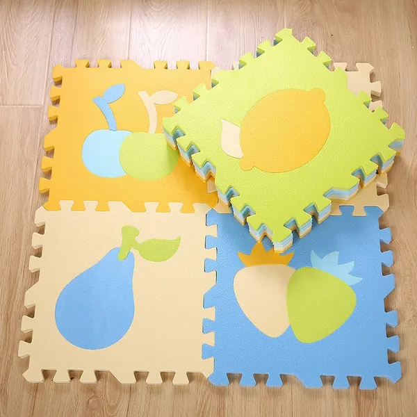 Pastel EVA puzzle mat tiles with push-out apple, lemon and pear shapes