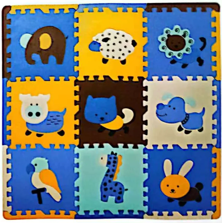 Nine-tile EVA kids play mat with elephant, sheep, lion, pig, cat, dog, parrot, giraffe and rabbit pictures