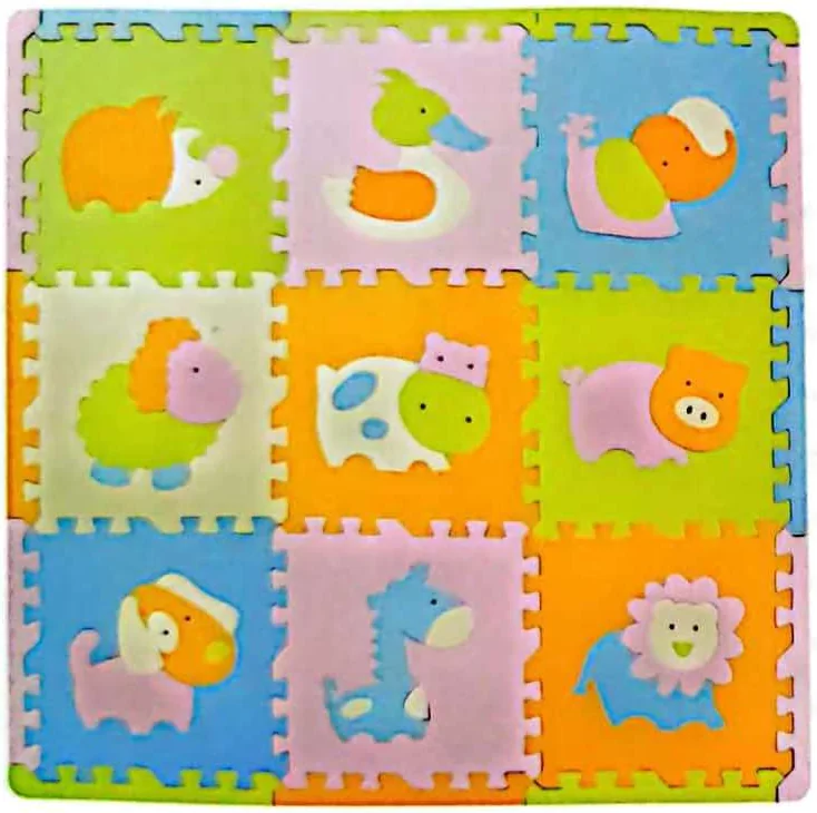 Nine-tile EVA foam play mat in soft pastel colours with cartoon animal pictures