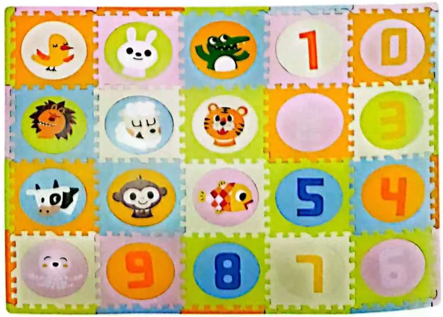 Twenty-tile EVA foam play mat with numbers 0 to 9 and animal faces