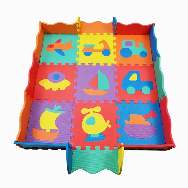 EVA kids play mat with vehicle and boat picture tiles inside a colourful foam fence