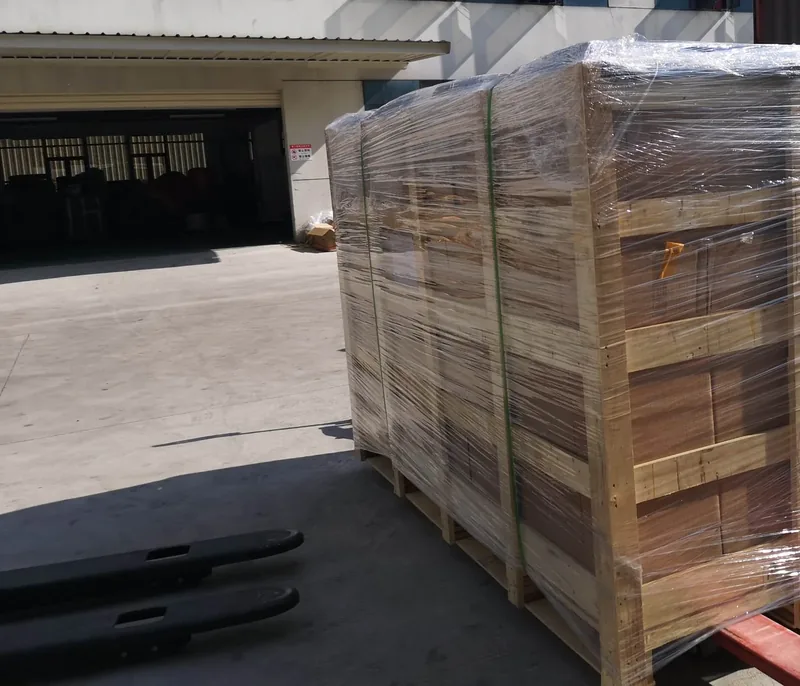 Marine EVA foam sheets stacked directly on a pallet, wrapped in stretch film and strapped