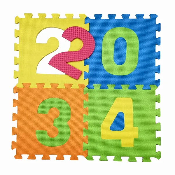 EVA puzzle mat tiles with large push-out numbers 2, 0, 3 and 4