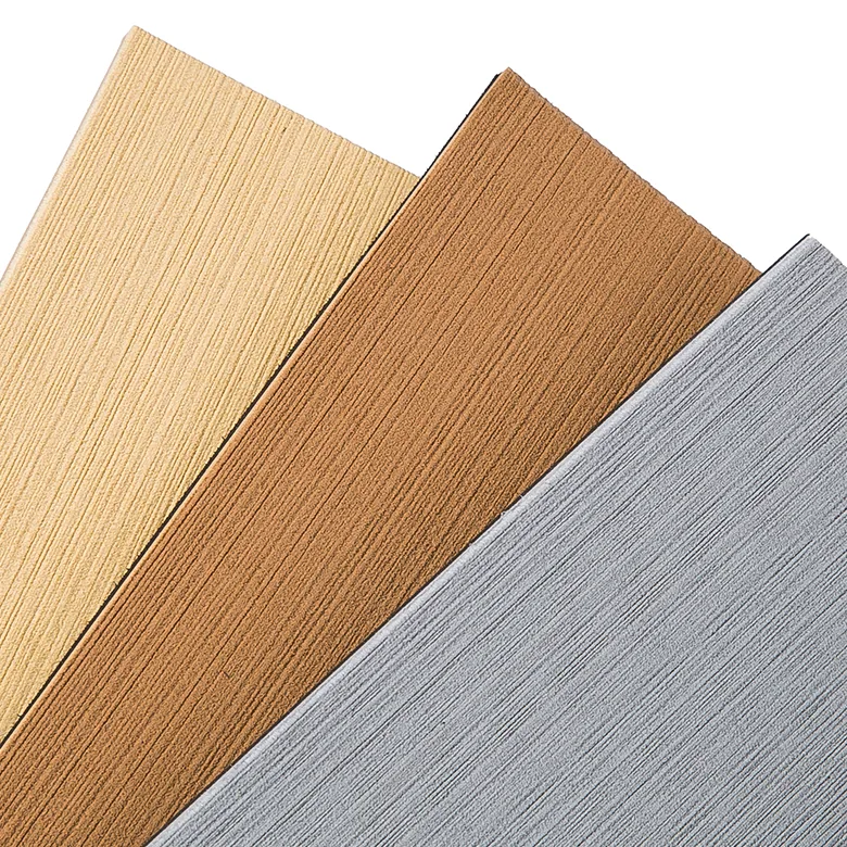 Three marine EVA foam decking sheets with brushed faux-teak texture in sand, brown and grey