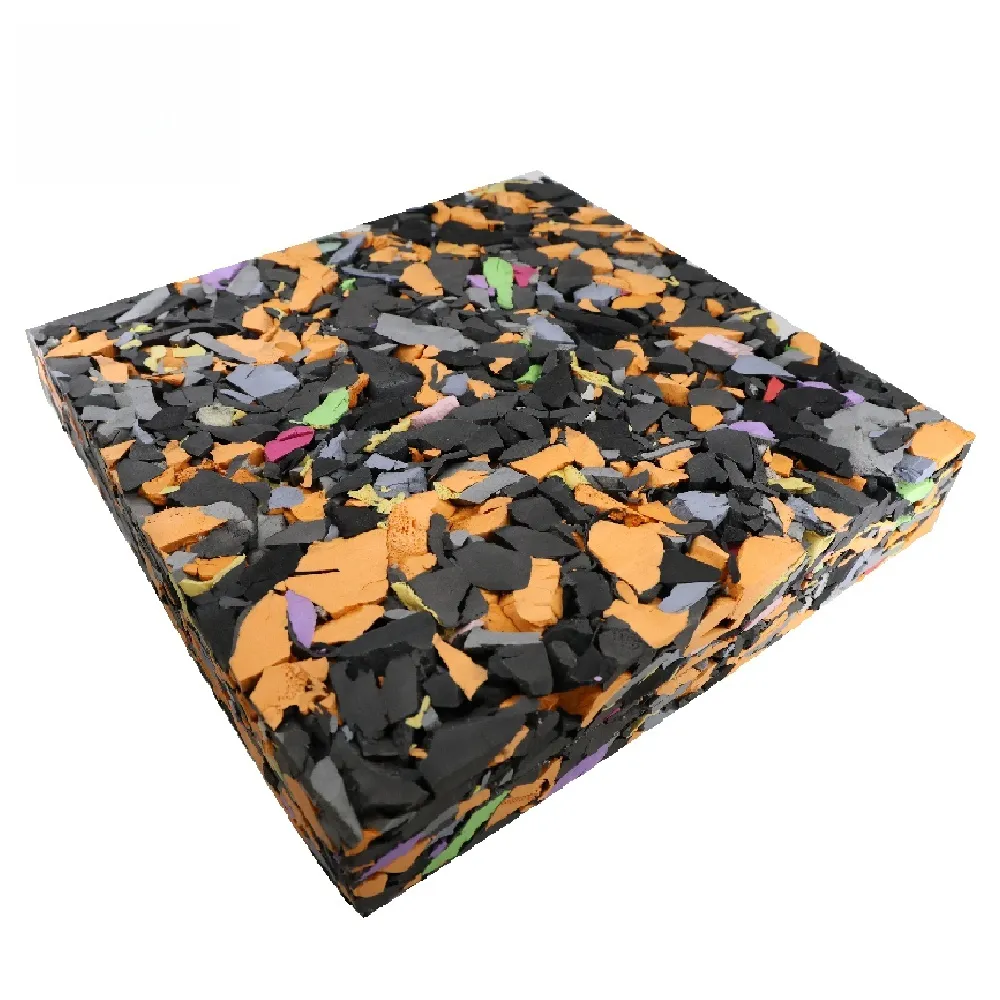 Thick rebonded EVA shock pad with orange, black and grey EVA chips, cut edge showing the bonded layers